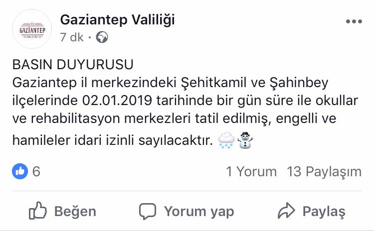 Değerli Öğrenci ve Velilerimiz,Gaziantep Valiliği tarafından 02.01.2019 Çarşamba günü okullar tatil edilmiştir.Saygılarımızla